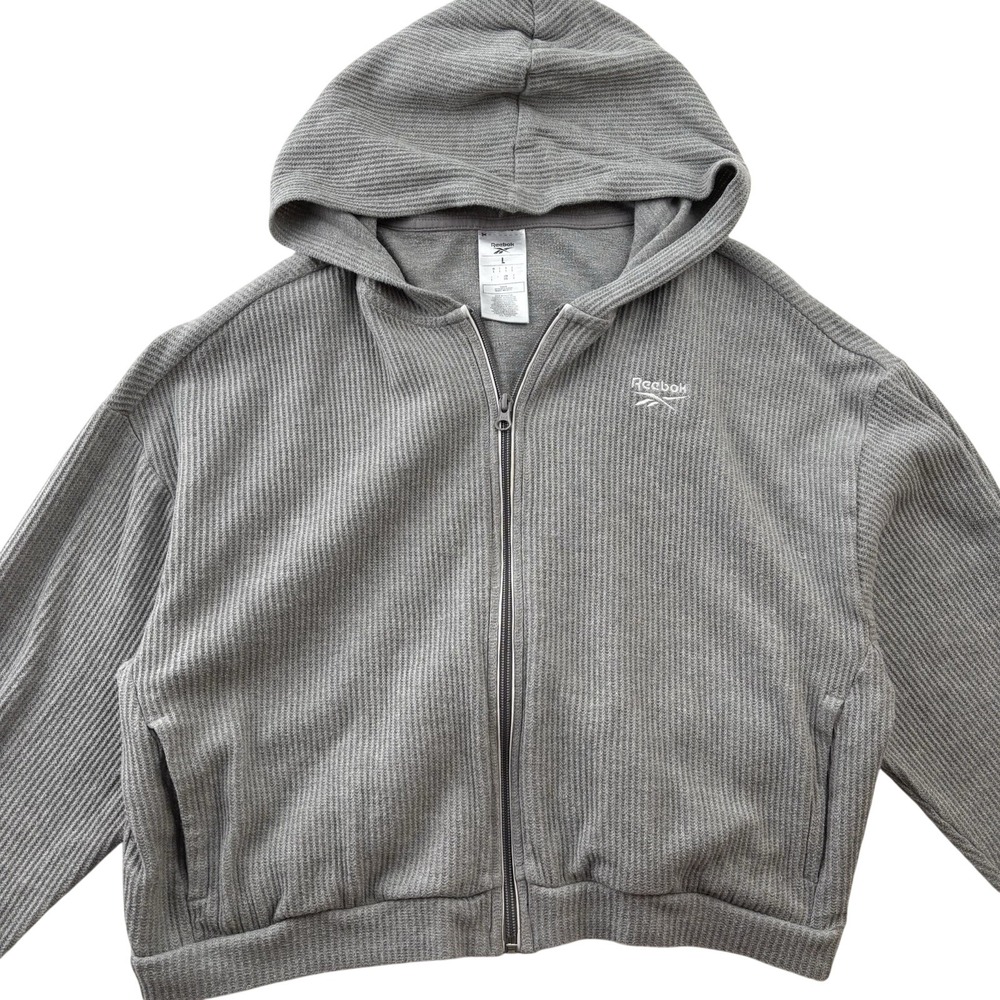 Reebok Waffle Knit Cropped Hoodie Gray Zip‎ Up Sweatshirt Athleisure Womens L